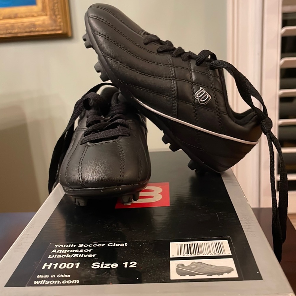 NWT in box Wilson Youth Soccer Cleats, sz 12, Aggressor black/silver